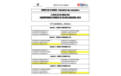 Calendrier du championnat Garçons 15/18